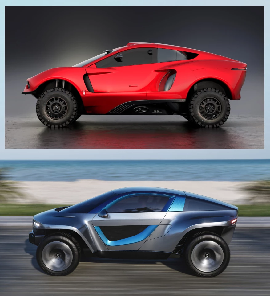 At top, the 400-hp Prodrive Hunter which costs GBP£1.25 million (approx. US$1.5 million) and is capable of winning the Dakar Rally. At bottom is the 247-hp Callum Skye, an electric tarmac rally car for the road, which costs GBP£80,000 (approx. US$100,000)