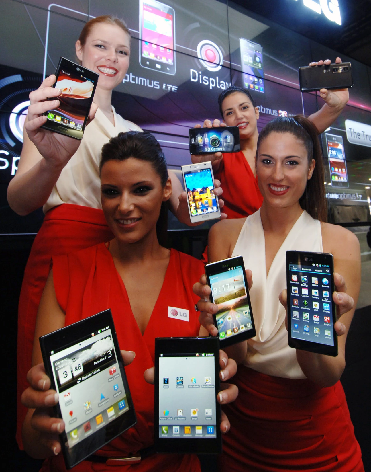 LG Optimus Vu: (bottom left), LG Optimus 4X HD (bottom right), LG Optimus 3D Max (top right) and LG Optimus L7 (top left)