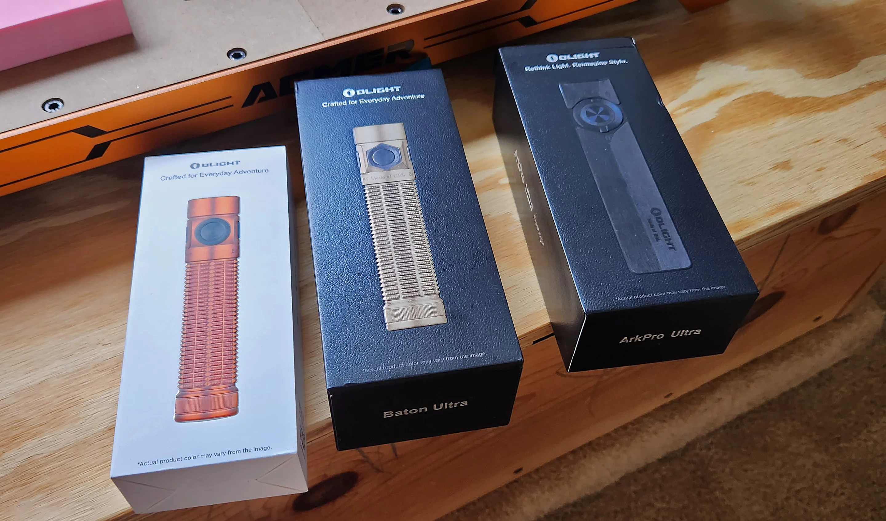 The Ultra versions come in slightly fancier packaging. And the Baton, regardless of version, comes with a metal L bracket that has double-sided tape so you can use it as a mount/holder