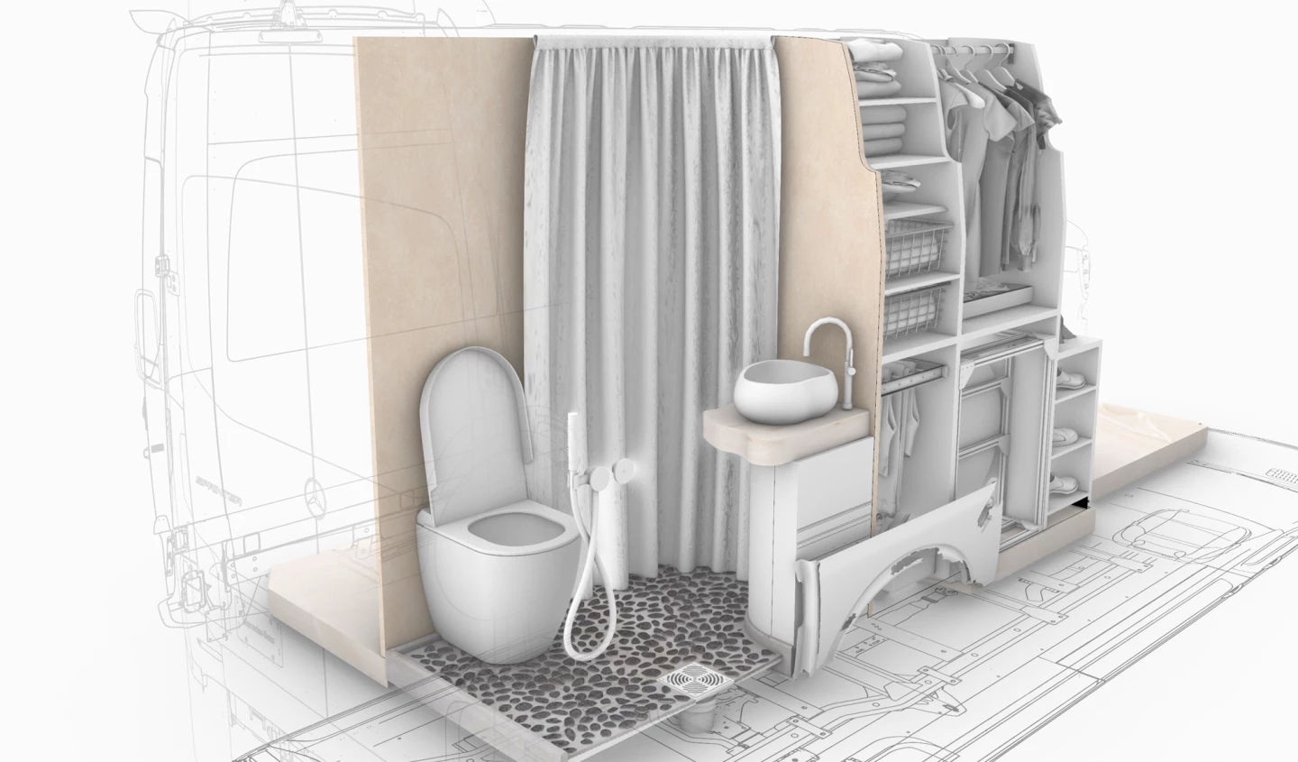 The wet bath combines a macerating toilet, rustic vessel sink, shower and stone floor