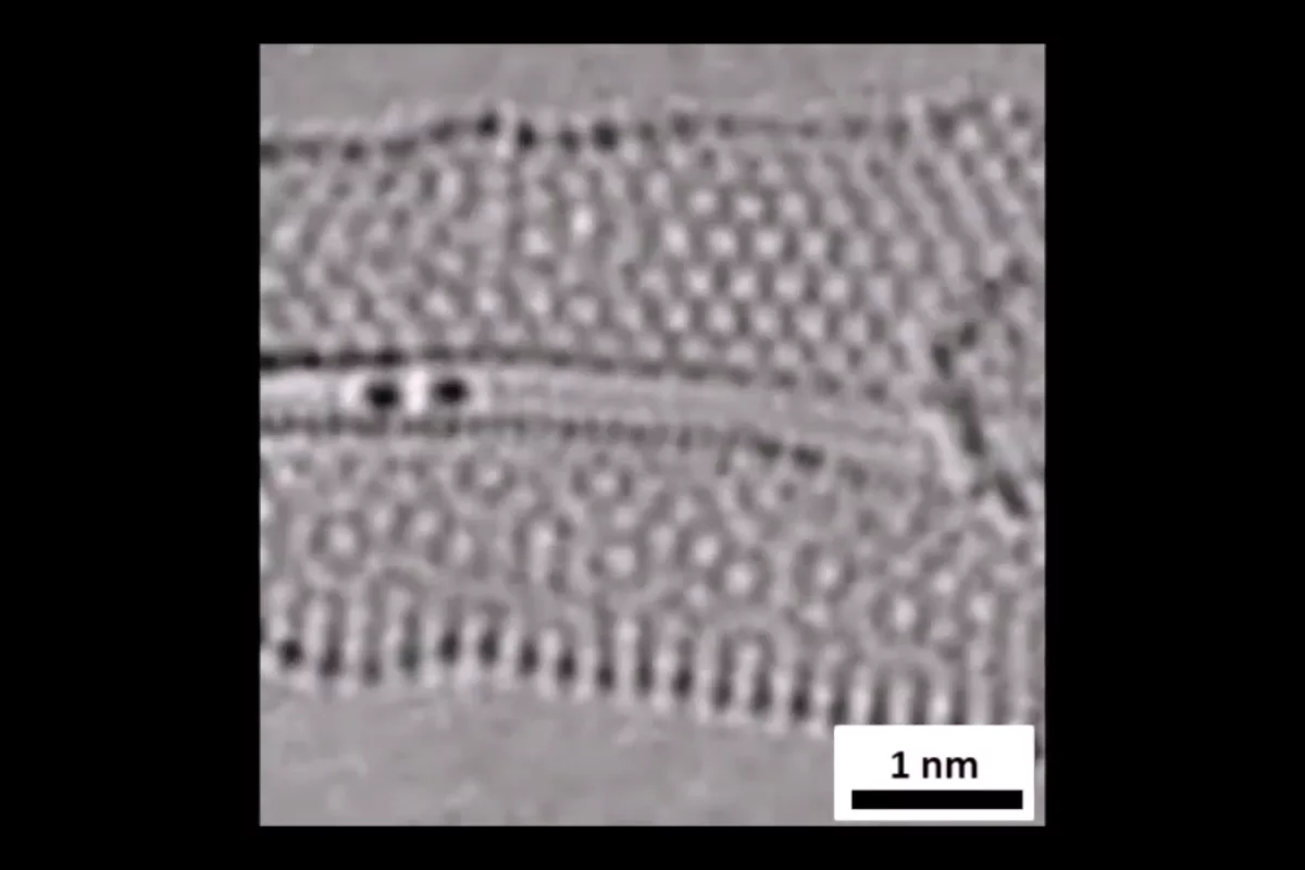Researchers have imaged atoms (dark spots on left) forming and breaking bonds for the first time