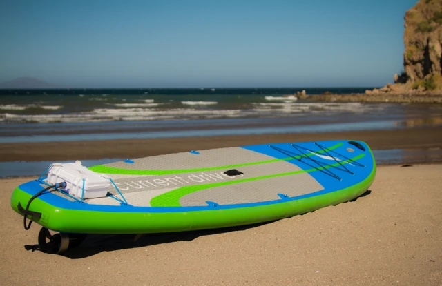 The ElectraFin mounted on one of Current Drives' inflatable SUPs