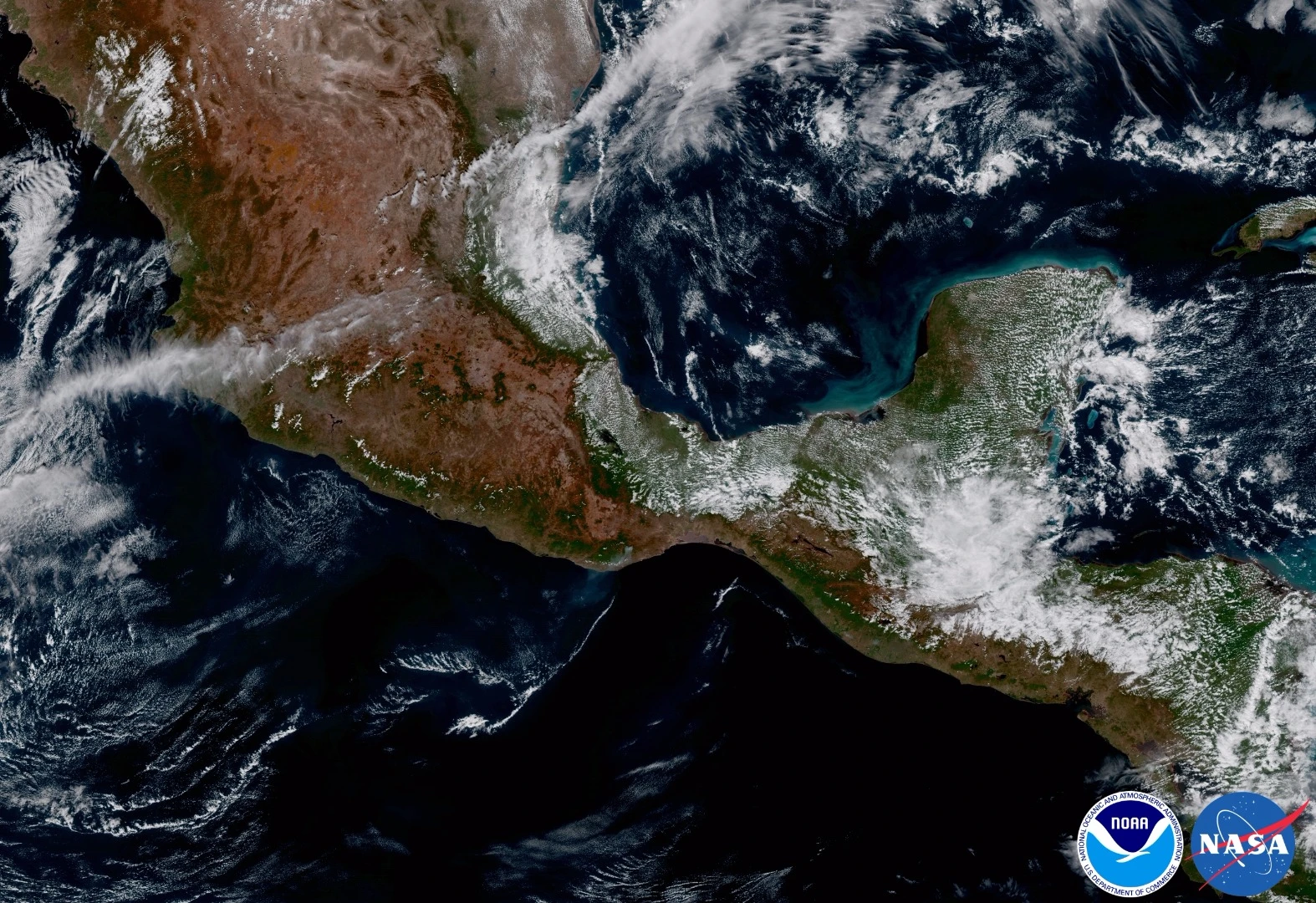 One of the few predominantly cloud-free views captured by GOES-16 on Jan. 15. 2017, displaying parts of Mexico and Central America