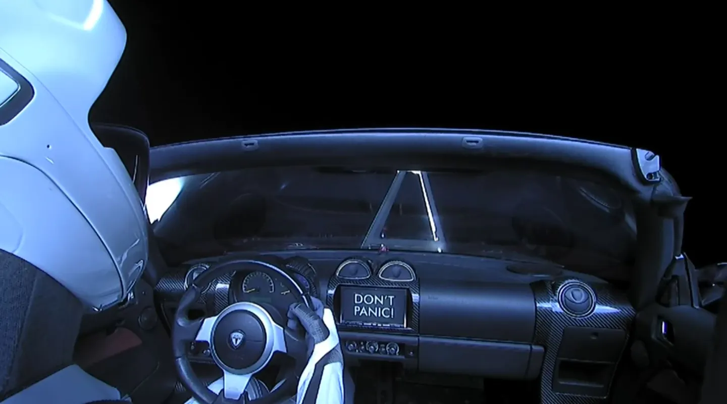 Backseat view of the Roadster in space