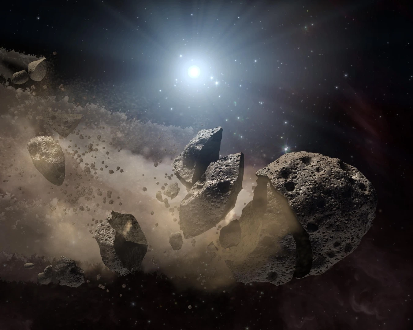 This artist concept illustrates a white dwarf, surrounded by the bits and pieces of a disintegrating asteroid