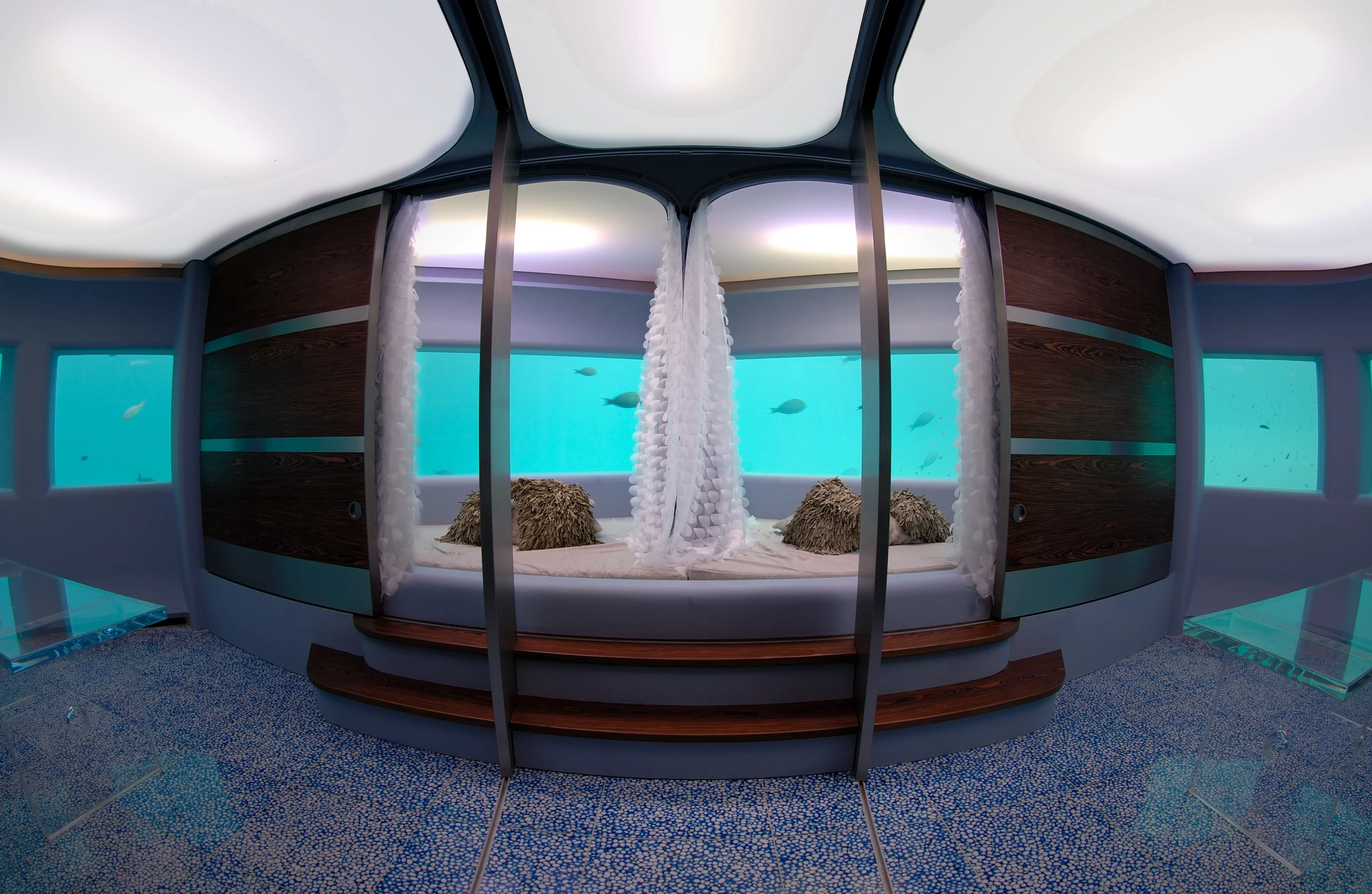 Visitors to Huvafen Fush's submarine spa are given an underwater view of the Indian Ocean