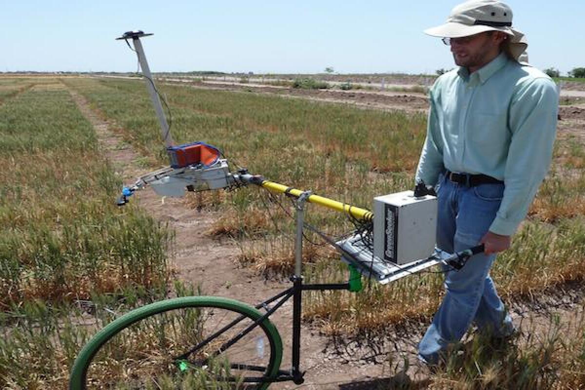The Phenocart is a tool that farmers can push around to quickly gather data on the health of their plants