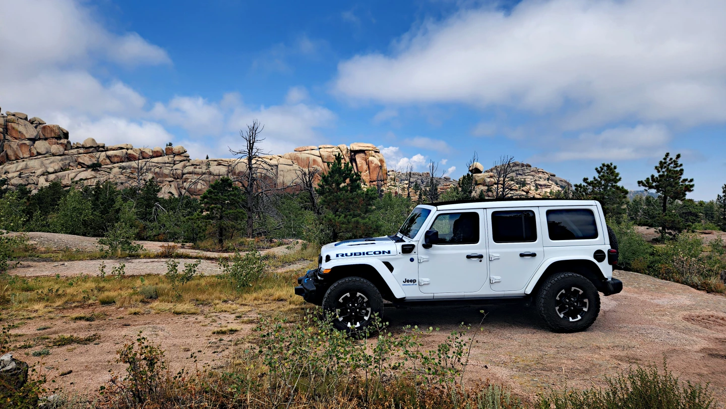 In the rocks of Vedauwoo near Laramie, Wyoming, the Wrangler Rubicon 4xe easily walked the landscape