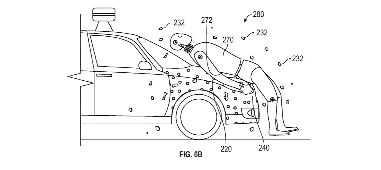 Google has received a patent for a safety system which glues pedestrians to the front of a car after an accident, to avoid further injury from being thrown onto the road
