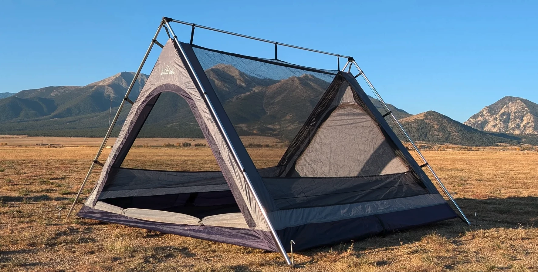 Designed for camping with a motor vehicle, the Sky View XL features a exoskeletal frame made from 3/4-in aluminum t