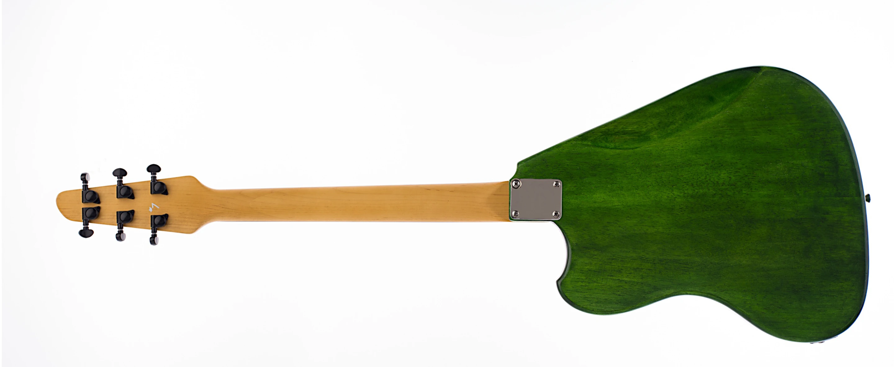 The back of The Green Steen Machine, a model which has black hardware and carbon fiber pickguard, control plate and truss rod cover