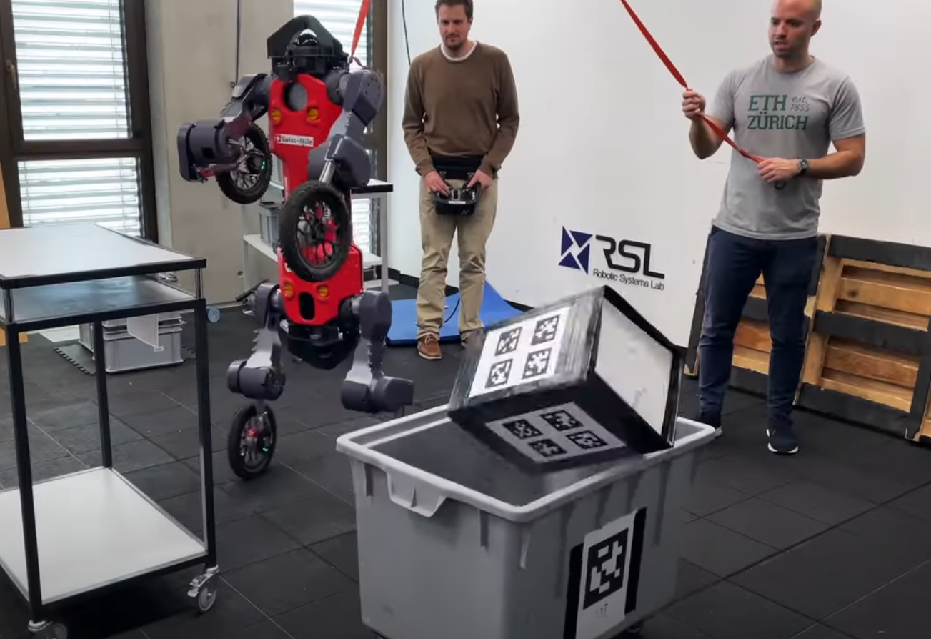 The ANYmal robot has taught itself to throw boxes into bins in a way that would make airport baggage handlers proud