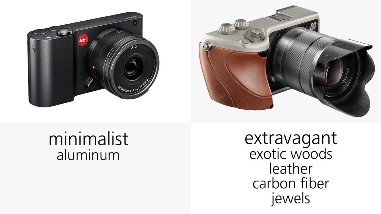 The minimalist design of the Leica T is contrasted with the extravagant Hasselblad Lunar