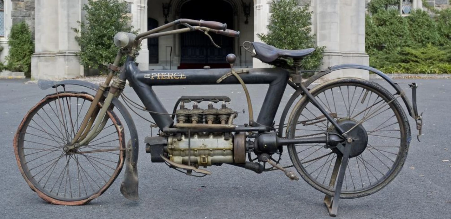 America’s first four-cylinder motorcycle, the Pierce was manufactured by the Pierce-Arrow Motor Car Company at its factory in Buffalo, New York. Although inspired by the Belgian FN four, one of which Percy Pierce had brought to the USA in 1908, the Pierce differed in detail design, its engine eschewing the FN’s ‘atmospheric’ inlet valves in favor of mechanical side valves in ‘T-head’ configuration, a arrangement FN themselves would later use. Priced at $325 in 1909, it cost $400 when production ceased in 1913, at which time the basic Ford Model T was priced at $525. This first year (1909) Pierce Four was sold in original condition for US$161,000 in November, 2007 by Bonhams