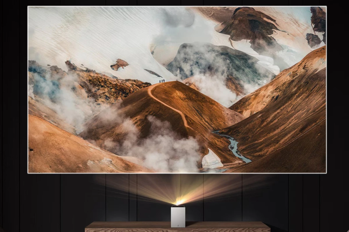 A compact and lightweight triple-laser projector for big-screen 4K visuals while sitting inches from a wall