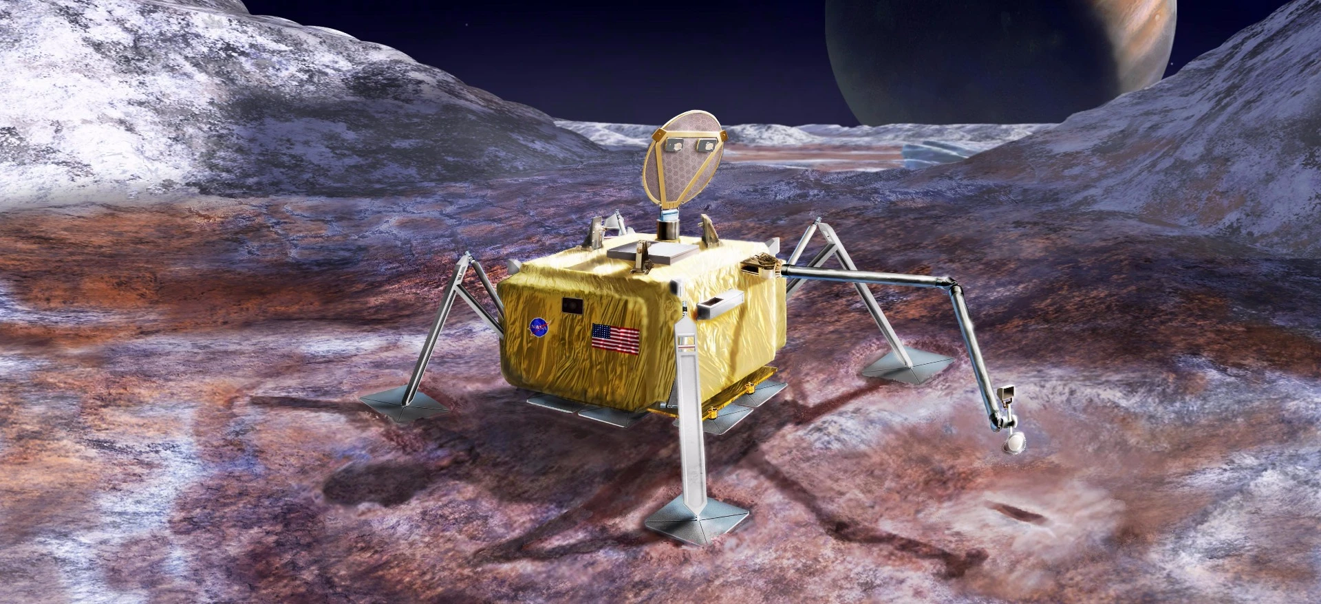 Artist's rendering of a conceptual design for a potential future mission to land a robotic probe on the surface of Jupiter's moon Europa