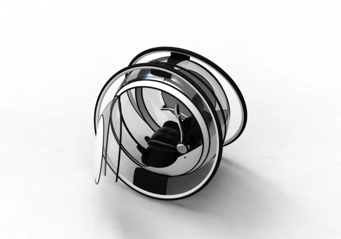 What's obvious is that the vehicle encases a lone passenger inside a transparent bubble, propelled by two wheels either side of the cockpit (Image: Sanu K R)