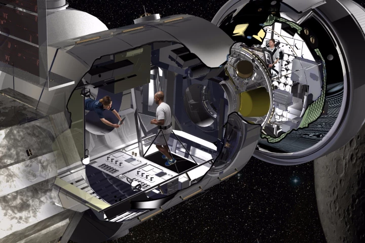Artist's concept of the NextSTEP habitat docked with Orion in cislunar orbit