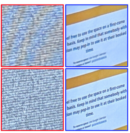 Left: a demonstration of how well the technique can reduce moire patterns. Right: an example of how much useful detail can be gained at sub-pixel resolutions