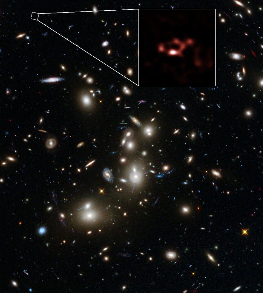 A Hubble/ALMA view of the Galaxy Cluster Abell 2744, with the distant galaxy A2744_YD4 blown up in the box