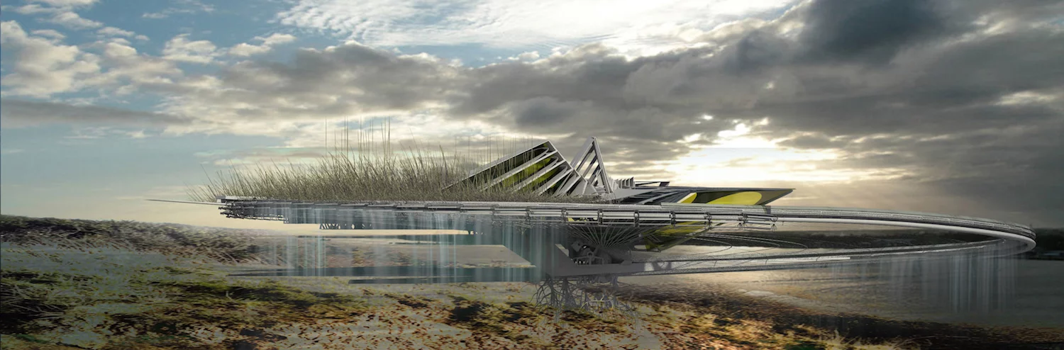 The Self-Excavation Hurricane House would use the hurricane winds to slowly turn part of the structure along its helicoid retaining wall, burying itself as it turns