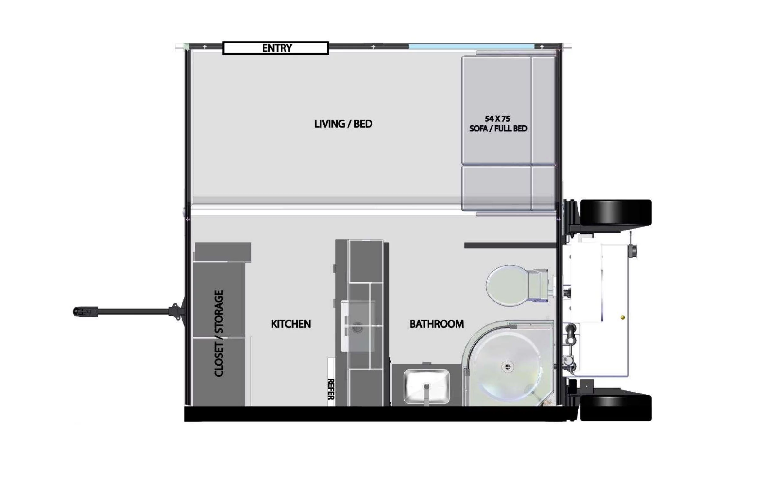 The Boxabl Baby Box floorplan folded out, also showing the trailer's wheels and hitch