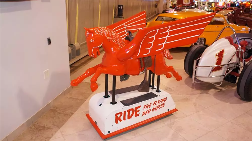 This thoroughly original 1950's Mobil Oil coin-operated childrens' ride featuring the then Mobil oil logo, Pegasus. A number of the machines were built by Mobil Oil for the 1953 World's Fair in St. Louis, Missouri. When the fair was cancelled, Mobil executives distributed the machines to their leading outlets for promotional purposes. This Pegasus ride was originally found and prominently displayed at the General Petroleum Museum in Seattle, Washington. It sold for $40,250.