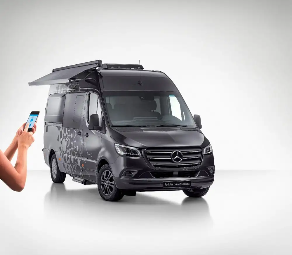 Most of the Mercedes Sprinter Connected Home concept's features are on the inside, but the power awning is another component that can be controlled from the touchscreens or smart device