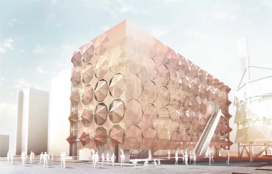 The new facade of umbrellas will replace the bamboo louvers on folding steel frames that currently surround the structures glazed walls (Image: 3Gatti)