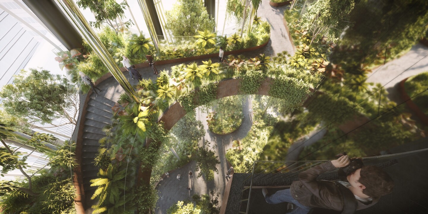 The open-air Green Oasis will be connected by a spiralling promenade offering multiple viewpoints of the tower's interior and the Singapore landscape
