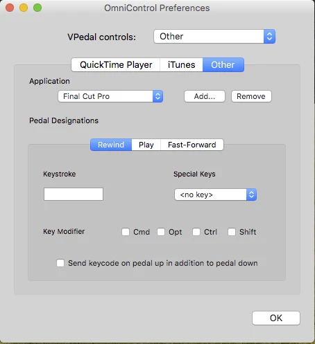 Omnipedal setup - choose an app, and then choose what the three assignable foot controls do when you hit them in that app
