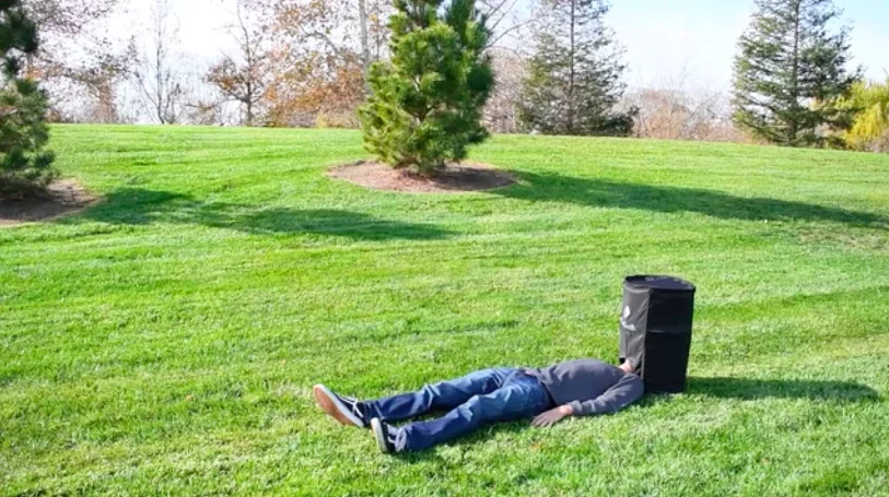 The Poptheatr is a kind of tent you stick your head into to watch movies in privacy