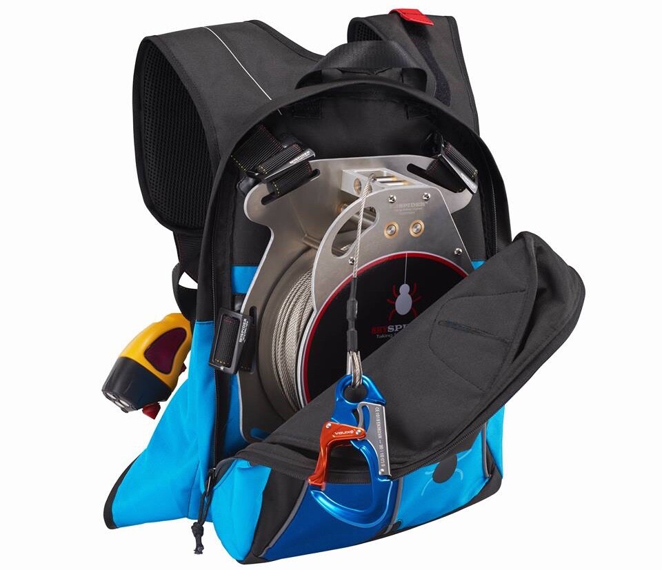 The SkySpider utilizes a stainless steel cable to let users weighing no more than 298 lb (135 kg) descend from a height of up to 295 ft (90 m) – depending on the model – at a steady rate of 6.6 ft (2 m) per second