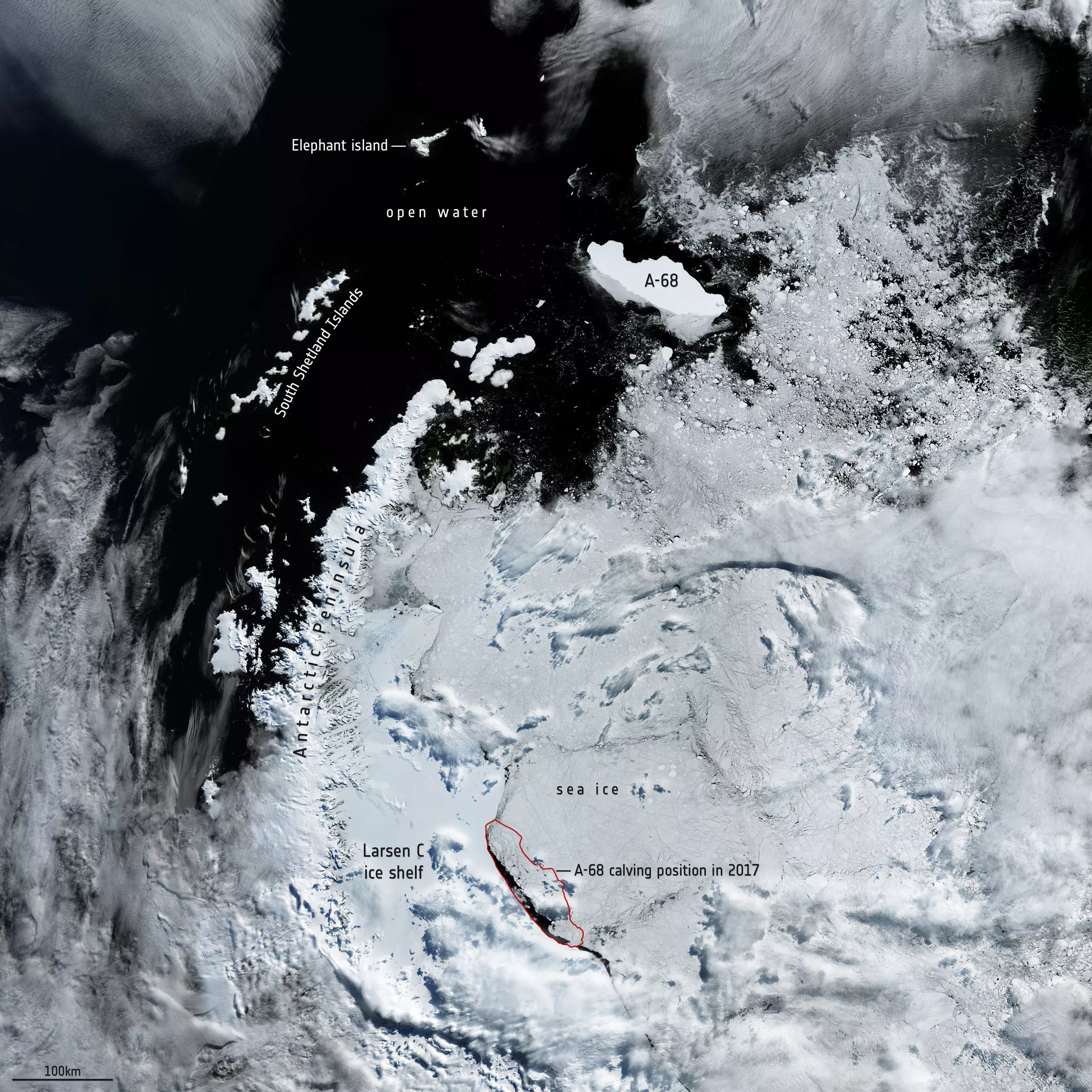 A satellite image showing the location of iceberg A-68A as of February 2020