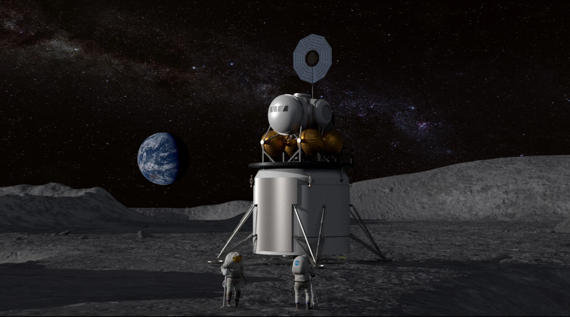 Illustration of a human landing system and crew on the lunar surface with Earth on the horizon