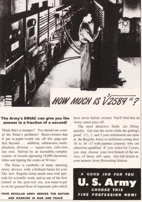 US Army recruiting advertisement featuring ENIAC
