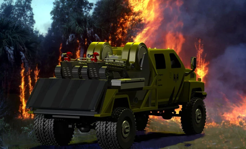 The RS1-T2 Thermite firefighting robot on the Bulldog firefighting truck