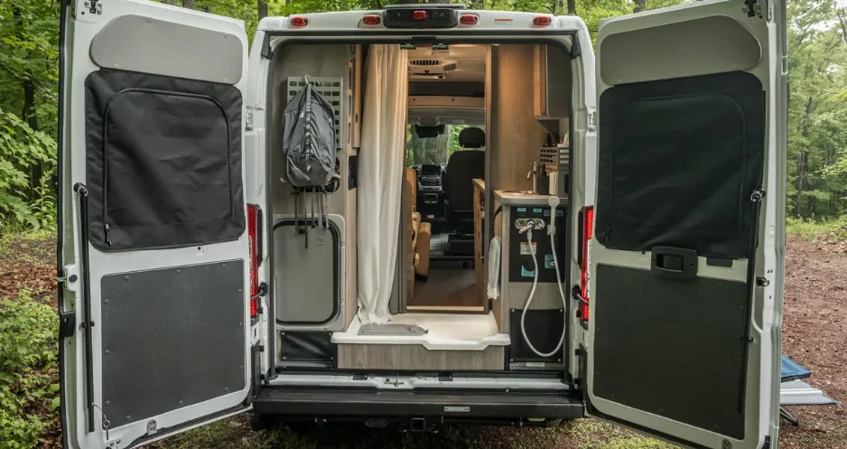 The removable toilet clears out more room for storage and showering