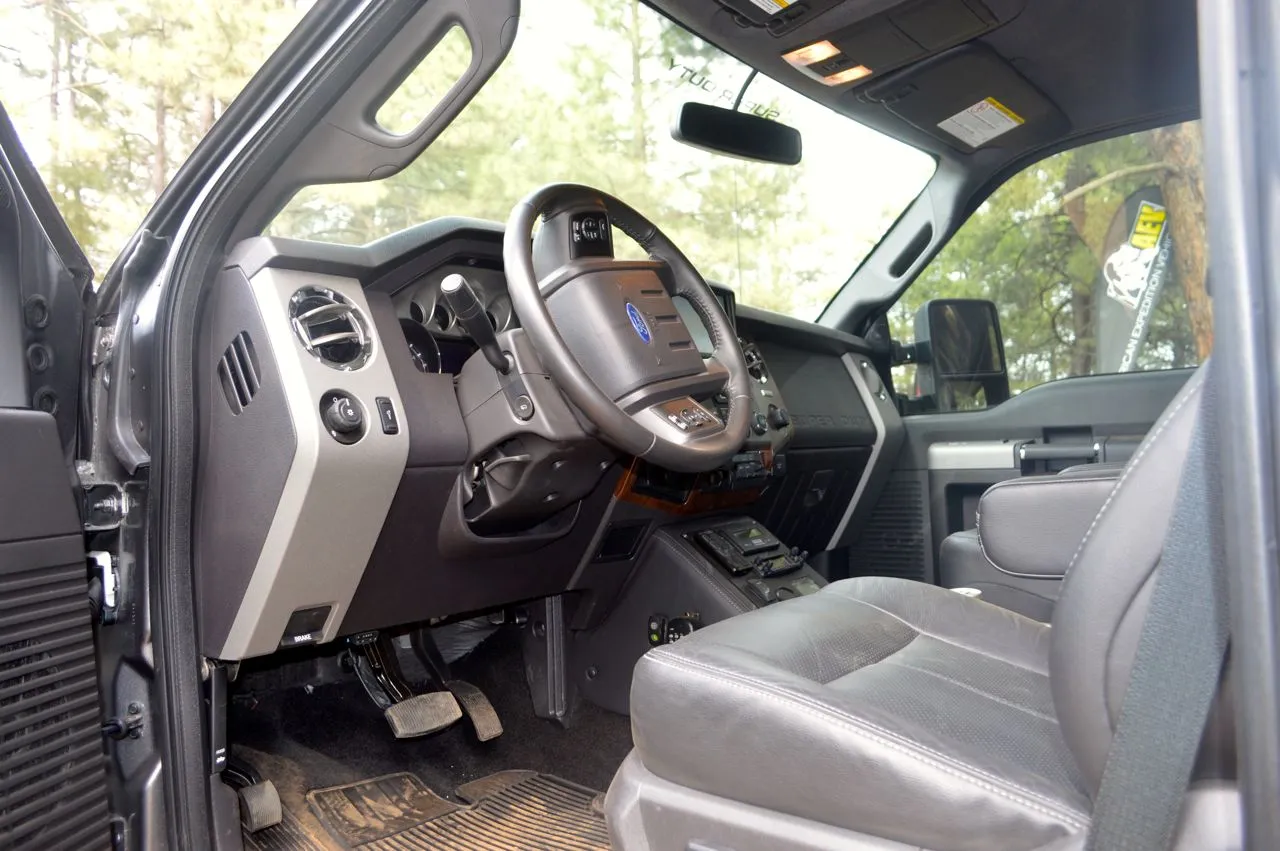 The EarthRoamer cab includes a pass-through for access to the camper while moving