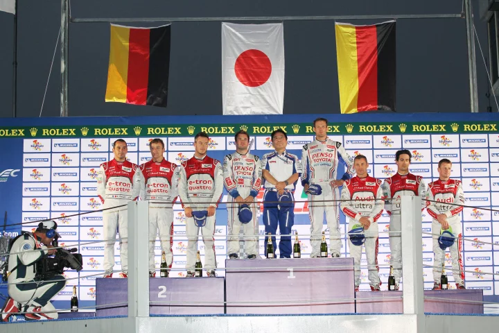 The Toyota hybrid TS030 team pushed the Audi Sport Team Joest teams off the top step of the podium for the first time