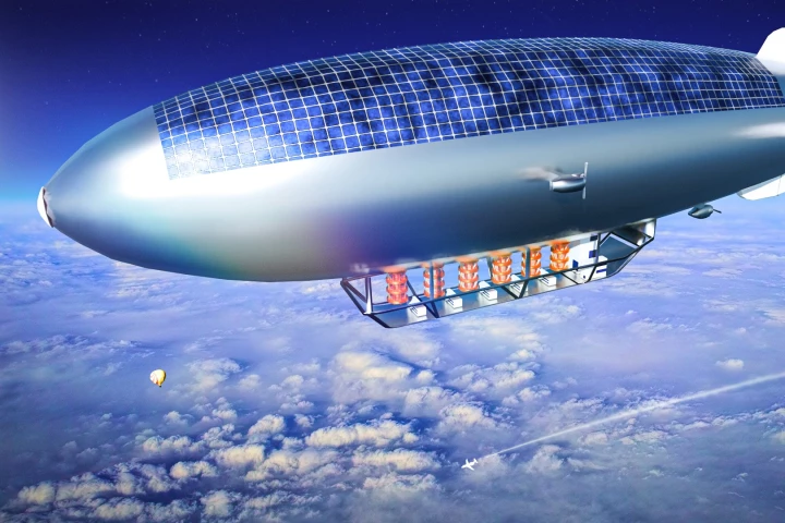 An artist's impression of a stratosphere-based quantum computing platform with a balloon-based relay station below