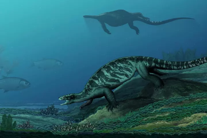 Eorhynchochelys, depicted in its natural habitat