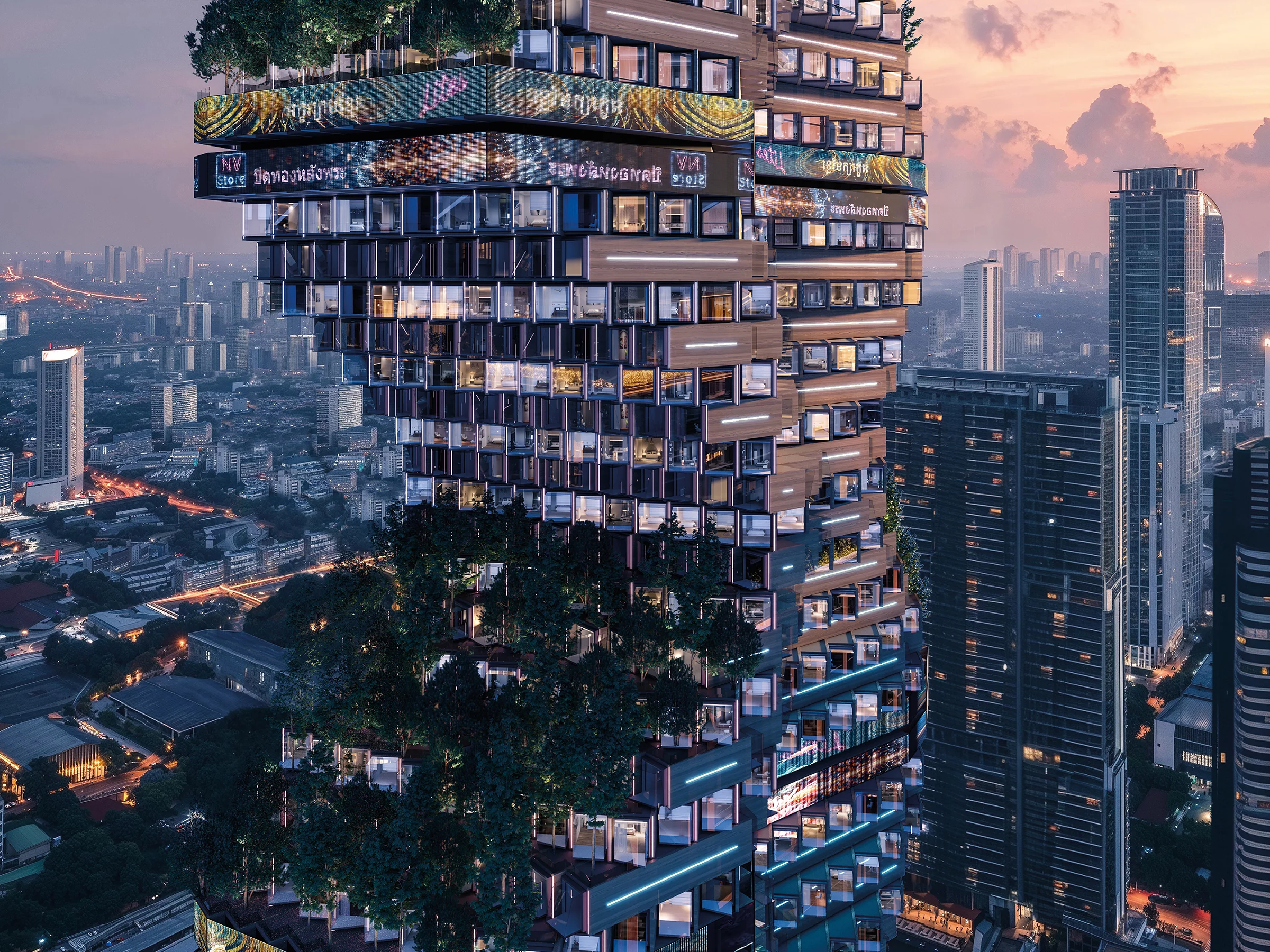 The Weave Skyscraper was designed by Void Studio Architecture + Research Ltd. It would provide a solution to the issue of urban density by packing in as many housing units as possible and would be made from an interlocking timber frame