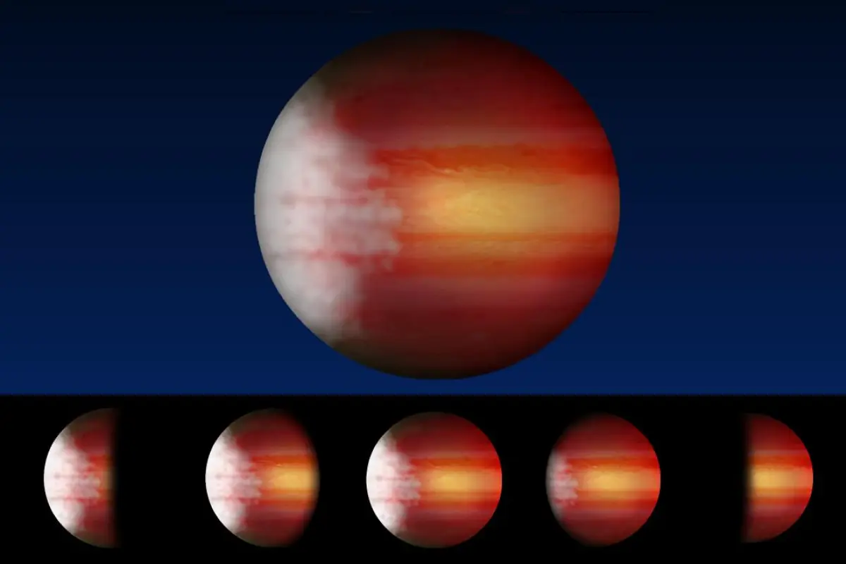 An artist's rendering of an exoplanet that exhibits a typical weather pattern of cloudy mornings and clear, scorching afternoons