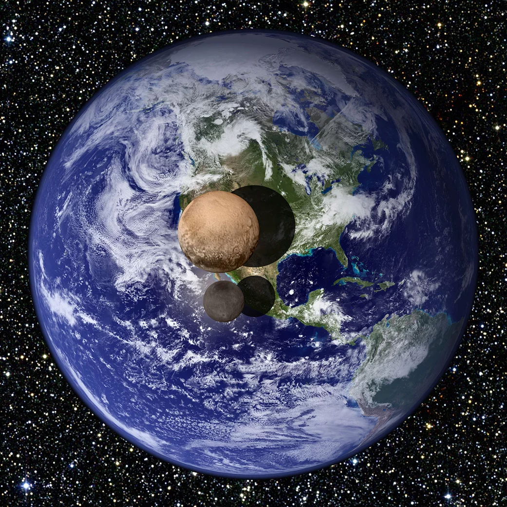 Size comparison of Earth, Pluto, and Charon