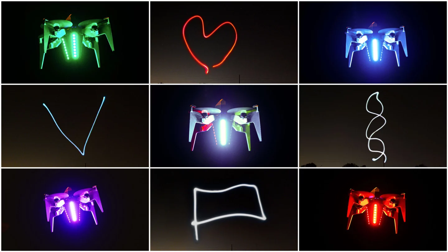 Among other things, the Rammaxx Electric LED Rocket can be programmed to draw images in the air (timed exposures pictured here)