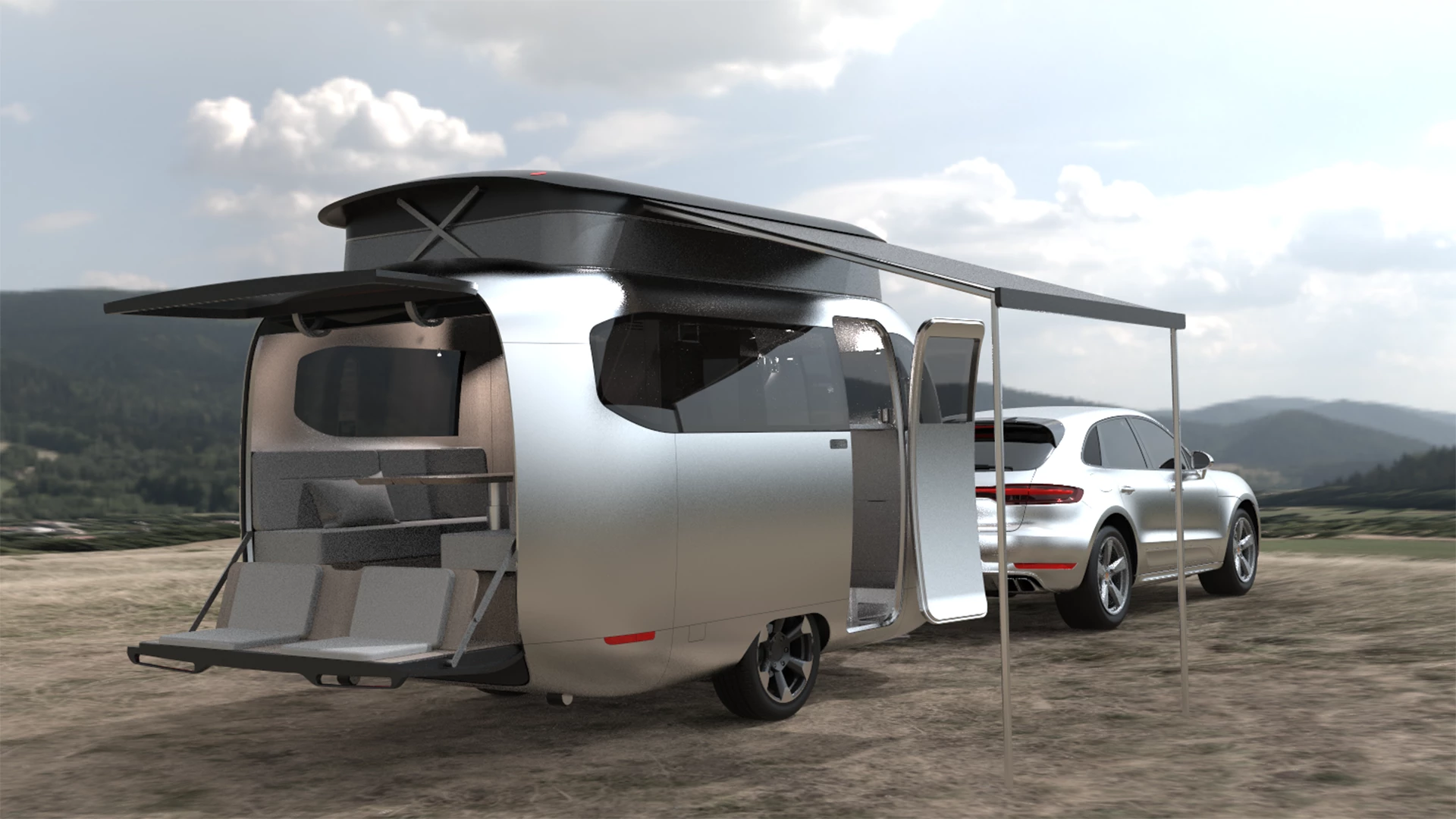 The Airstream x Porsche concept trailer brings the outdoors in with a panoramic window design, large skylight and open rear deck