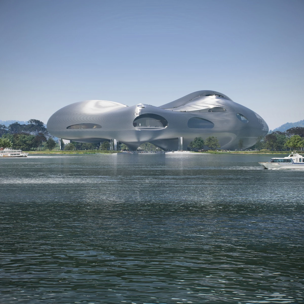 The Yichang Grand Theater will be raised above the ground on stilts to protect it against potential flooding