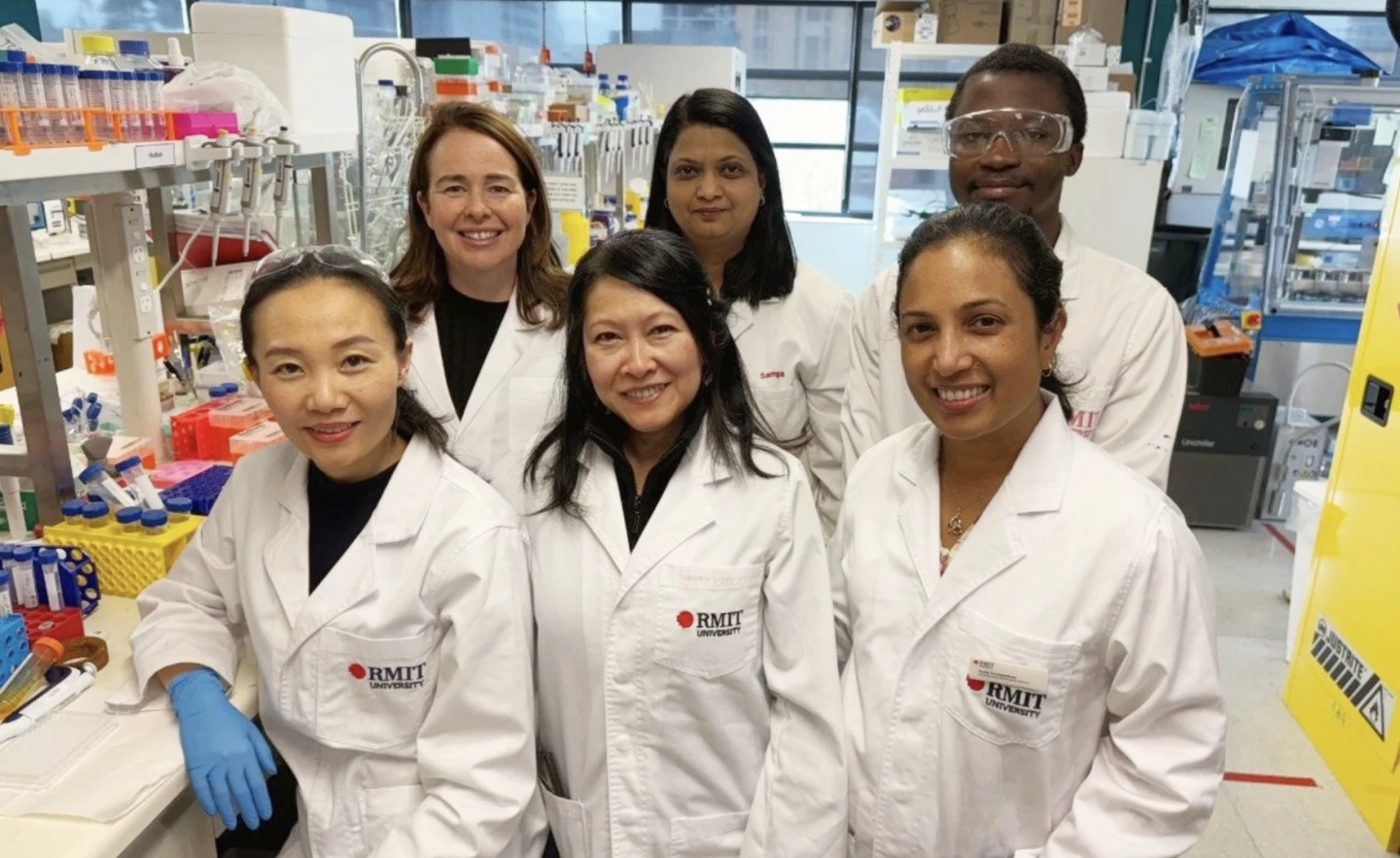 The RMIT research team developing new eyedrop treatments (front row, left to right): Dr Dao Nguyen, Associate Professor Tien Huynh and Dr Thilini Thrimawithana; (back row, left to right) Professor Charlotte Conn, Dr Sampa Sarkar and Christopher Olowosoke
