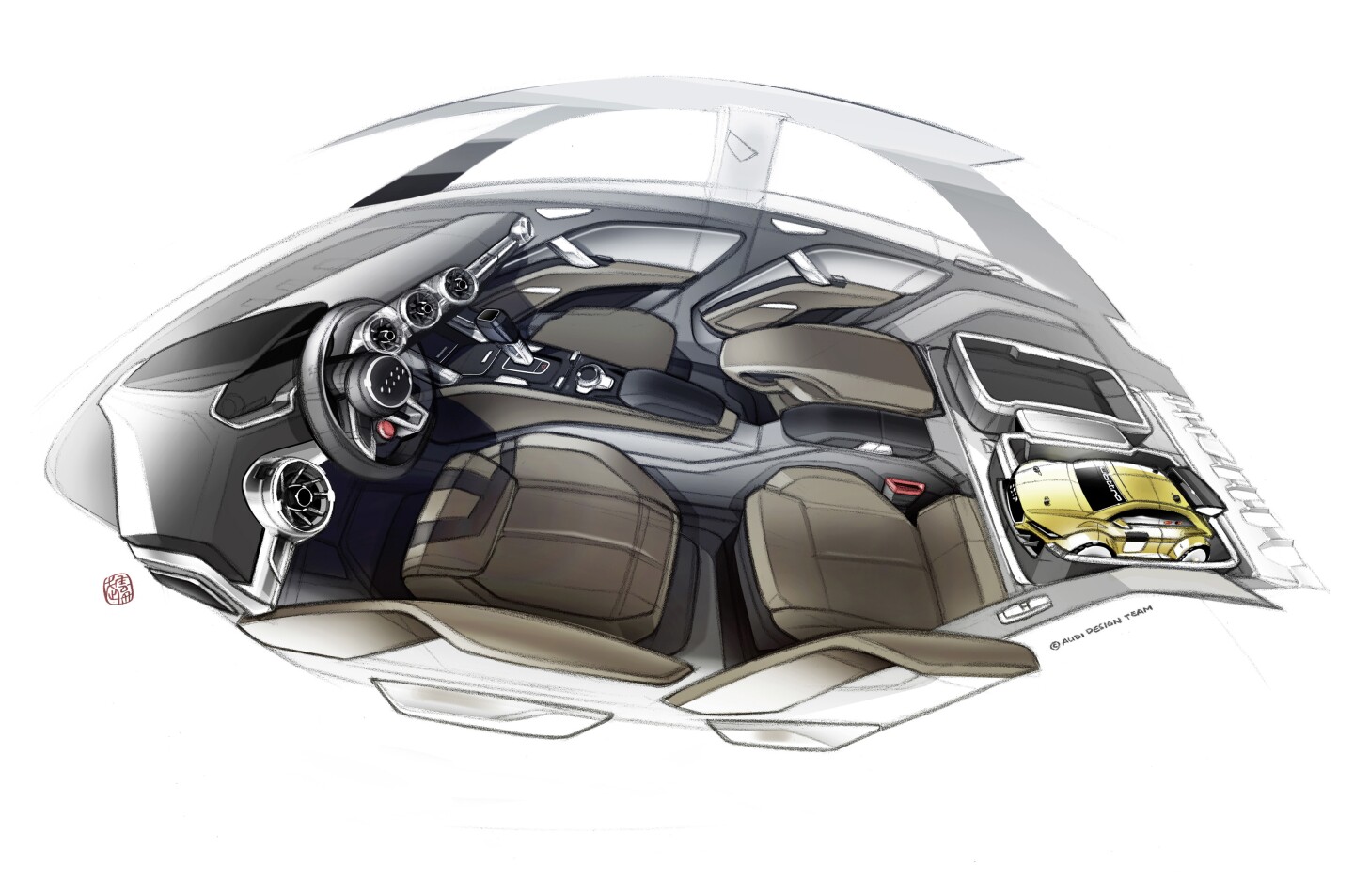 Design sketch showing the integrated RC car box in the rear